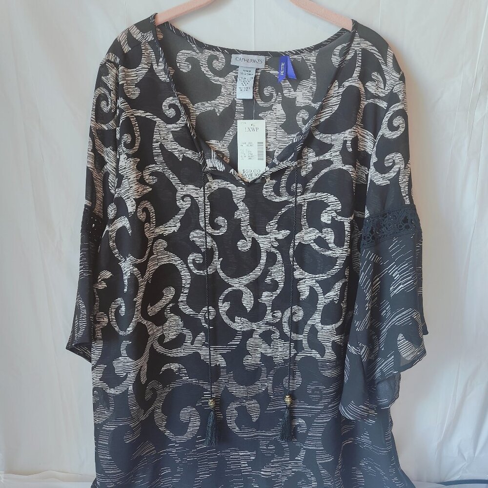 Catherine's Petite Chiffon Blouse with Flowing Sleeves and Tassel String V-Neck